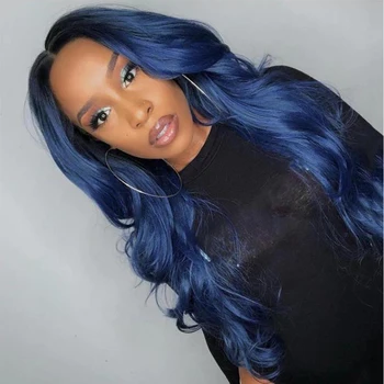 Websterwigs Ombre Dark Blue Synthetic Lace Front Wig for Women High Temperature Hair Middle Part Long