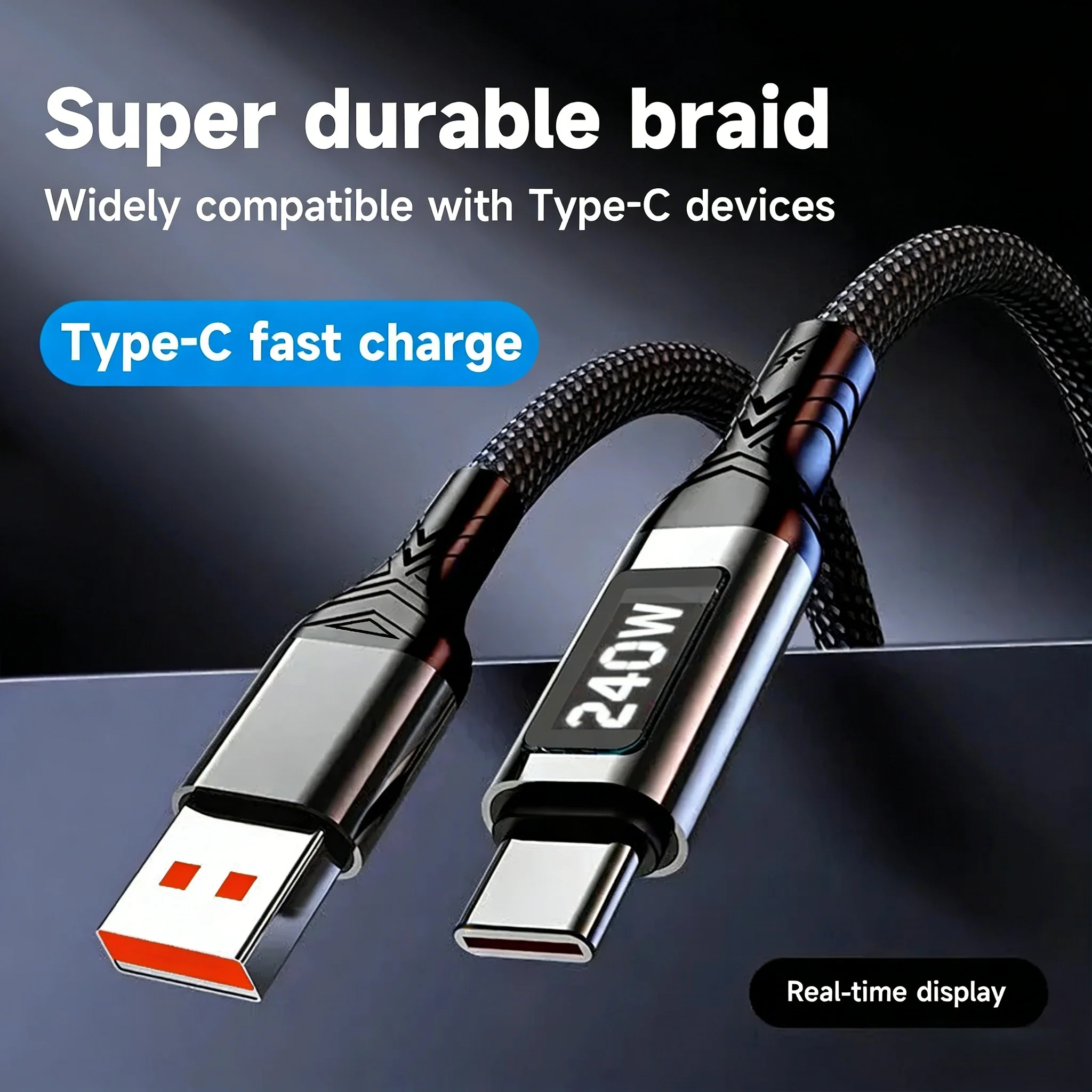 USB Type-C Cable 240W LED Display Fast Charge Nylon Braided Cord