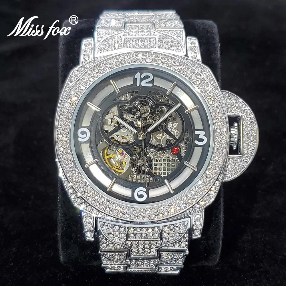 Relógio Mecânico High End para Homens Aço Prateado Oco Auto Relógio Diamante de Luxo Hip Hop Relógios Impermeáveis Dropshipping Novo