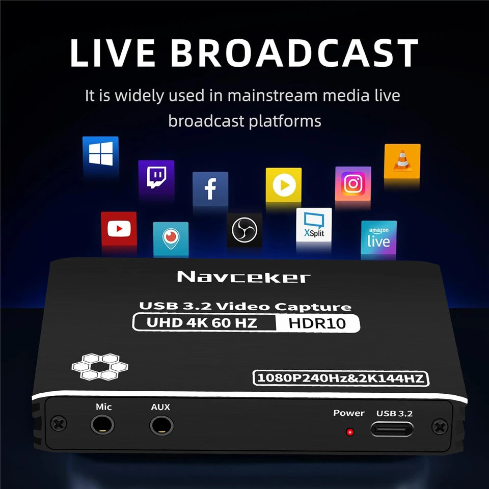HDMI Video Capture Card Navceker 4K 60FPS HDMI Video Capture Card USB C 3.2 Grabber Live Streaming 2K 120Fps Game Recording for PS5 Xbox Switch Camera
