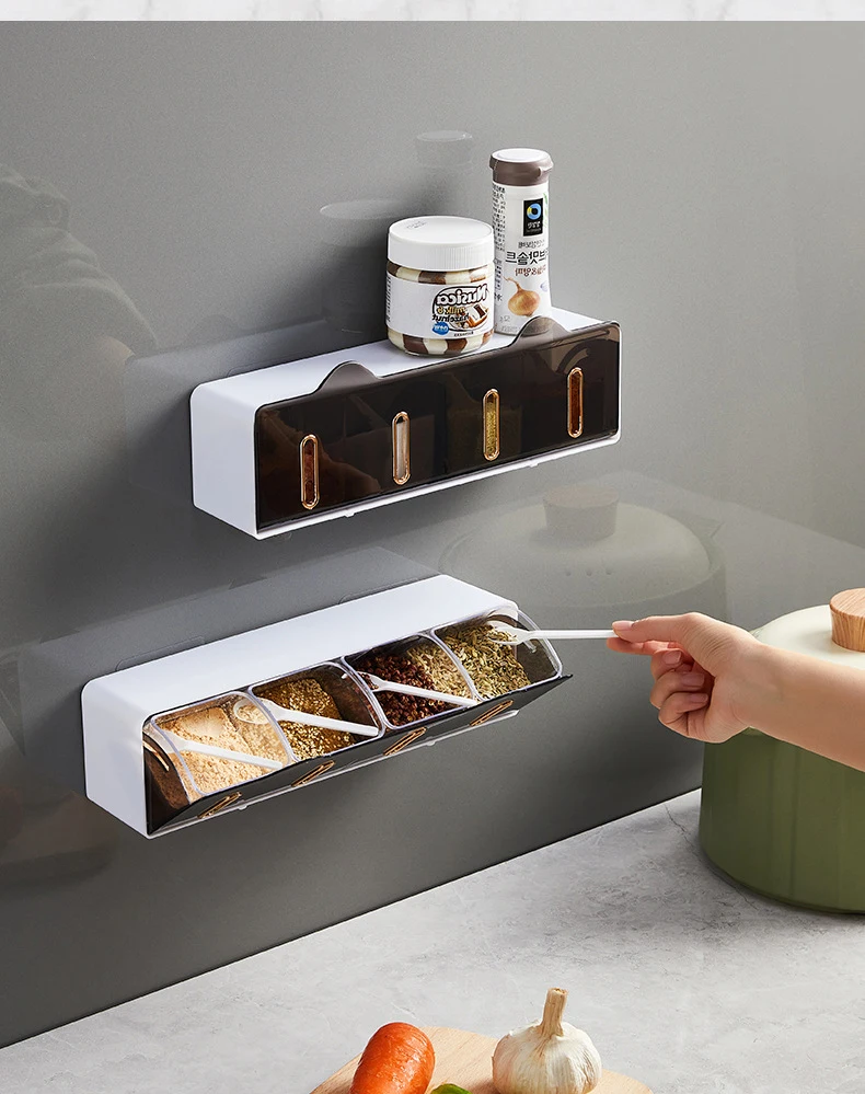 Wall Mounted Spice Container Stackable Drawer 4 Condiment Box Salt Pepper Storage Hodler Kitchen Organizer With Hooks