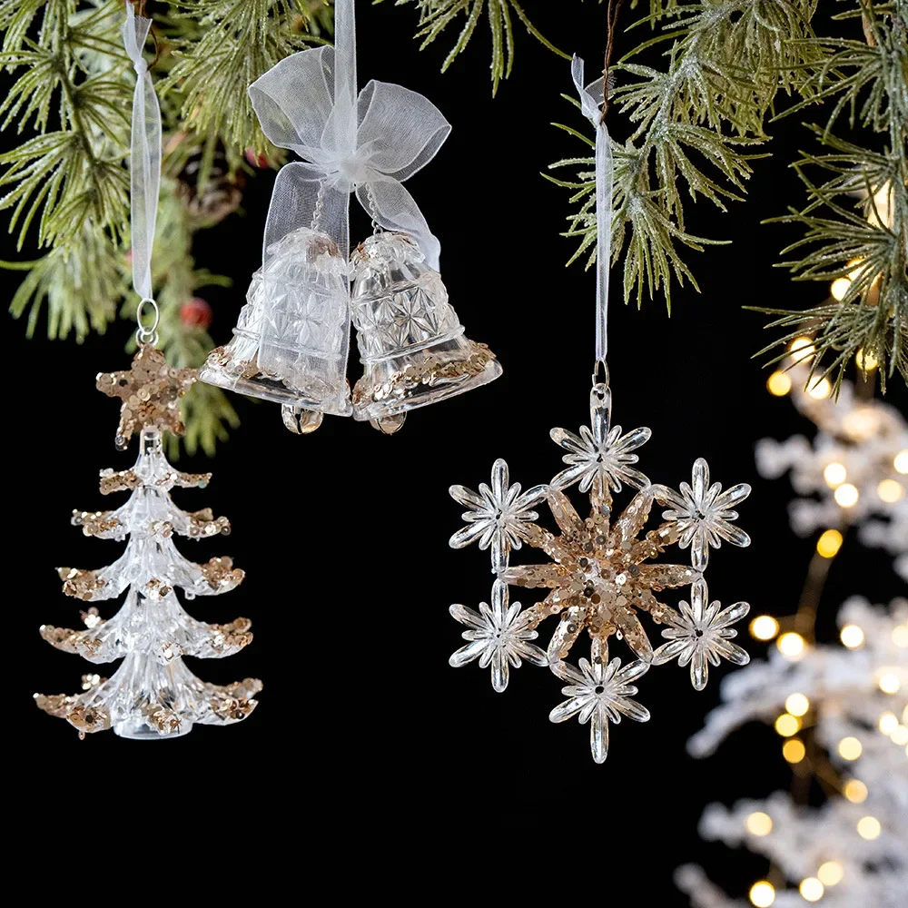 Christmas Decorations Sequined Acrylic Transparent Snowflake Bell Pendant for Christmas Tree