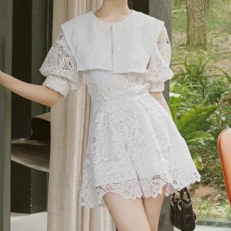 

White Chic Playsuits Women 2023 Summer Puff Sleeve Elegance Rompers Ladies Hollow Out Vintage Party Vestido Female Clothing