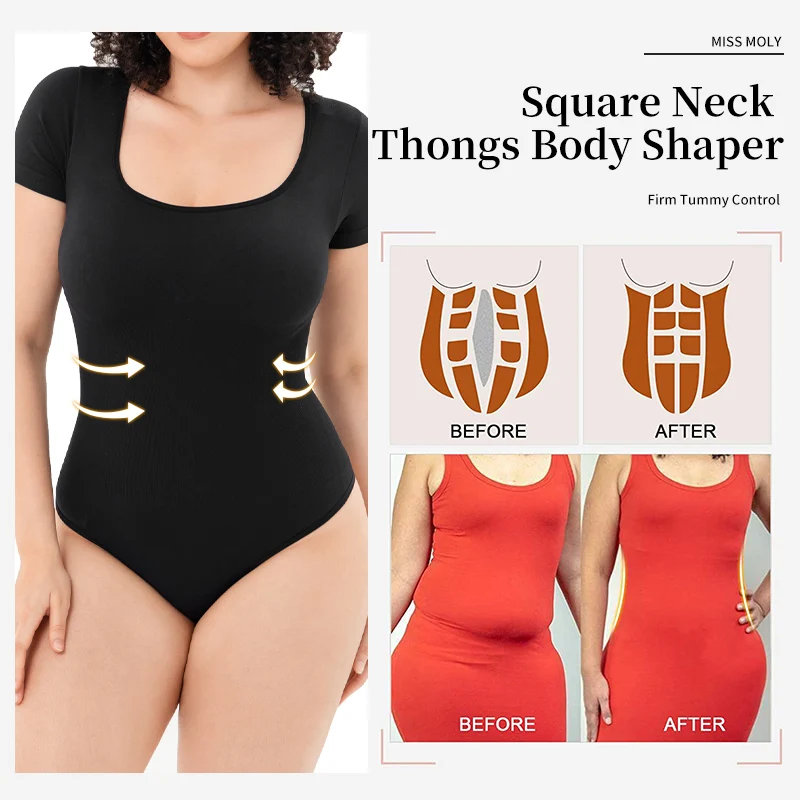 Womens Short Sleeve Long Sleeve Square Neck T Shirts Tops Tummy Control  Thongs Bodysuit Shapewear - AliExpress