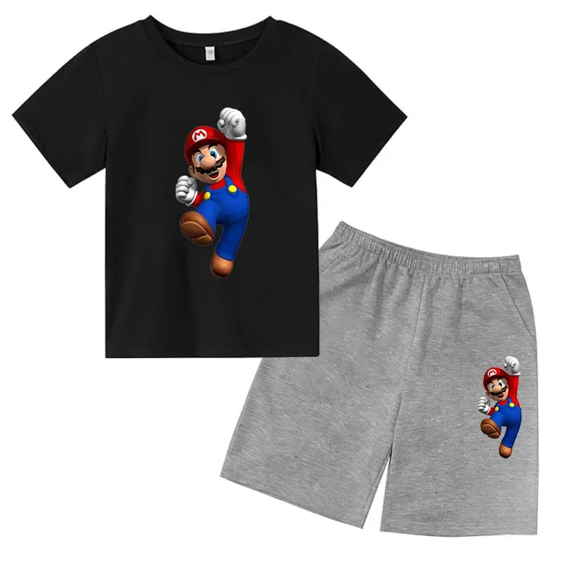 thumbnail image 1 of Conjunto de 2 piezas de camiseta y pantalones cortos de Mario de manga corta de verano para niños y niñas de 3 a 12 años, conjunto deportivo informal para niños, 1 of 4