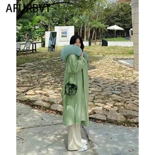 

Winter Women Solid Loose Fur Hooded Woolen Coats Female Elegant Sashe Pocket Warm Outerwears Ladys Green Oversize Streetwear