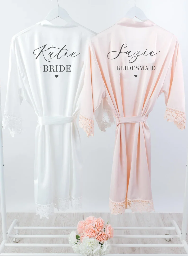 Satin Wedding Custom Robe Kimono Silk Bridesmaid Dresses Personalised Bride Dress Blush Pink Bridal Robes Silk Dressing Gown