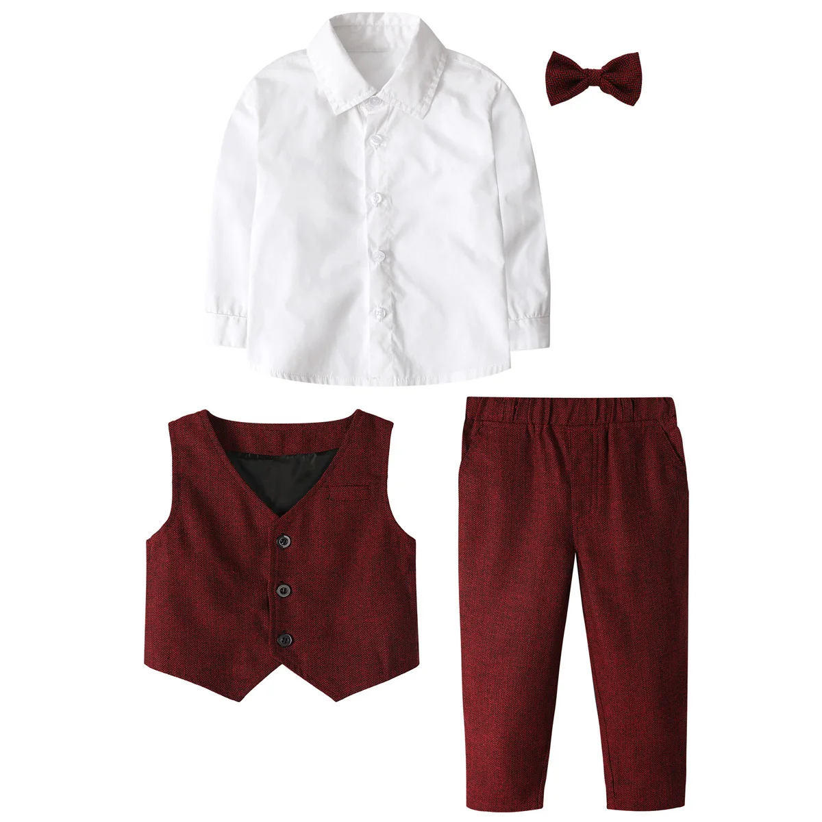 Boy Formal Clothing Set Toddler Baby Wedding Suit Sets Christening Outfit Long Sleeve Shirt Pants Bow Tie with Beret Hat 4 PCS