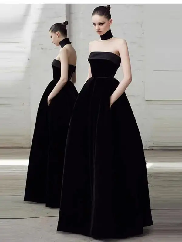 Ele Long Velvet Evening Dr Bla Strapl Gown for Par Performance Slimming Sle Faionable mid Waist a Line Skirt