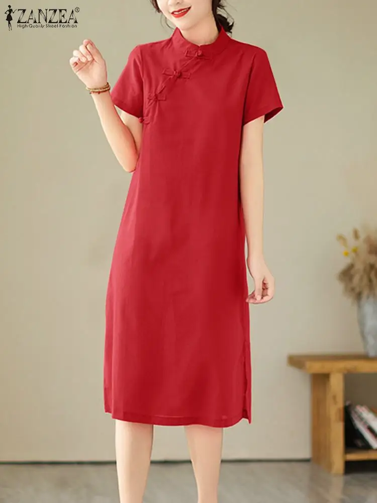 

ZANZEA Short Sleeve Slit Hem Sundress Elegant Vintage Women Summer Cheongsam Dress Stand Collar Solid Color Knee-length Vestidos