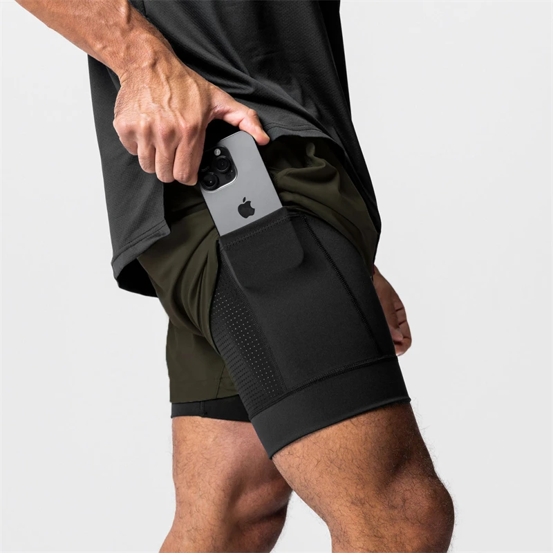 2023 High quality summer new sports double layered 2-in-1 men's shorts with built-in pockets and multifunctional exercise capris