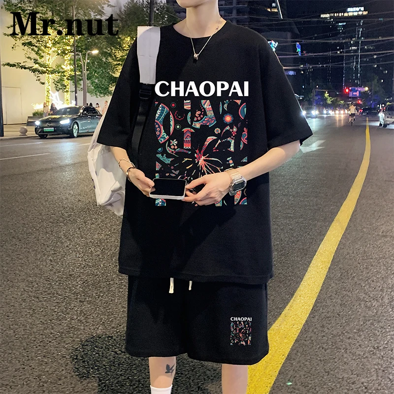 

Mr.Nut Butterfly Pattern Men Summer Fashion Streetwear T Shirt Two Piece Set Couple Loose Personality Clothes Suit Everyday Wear