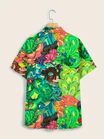 Chemise d'été décontractée à manches courtes pour hommes, haut confortable pour les vacances d'été, fleurs vertes, motif intéressant et attrayant 2