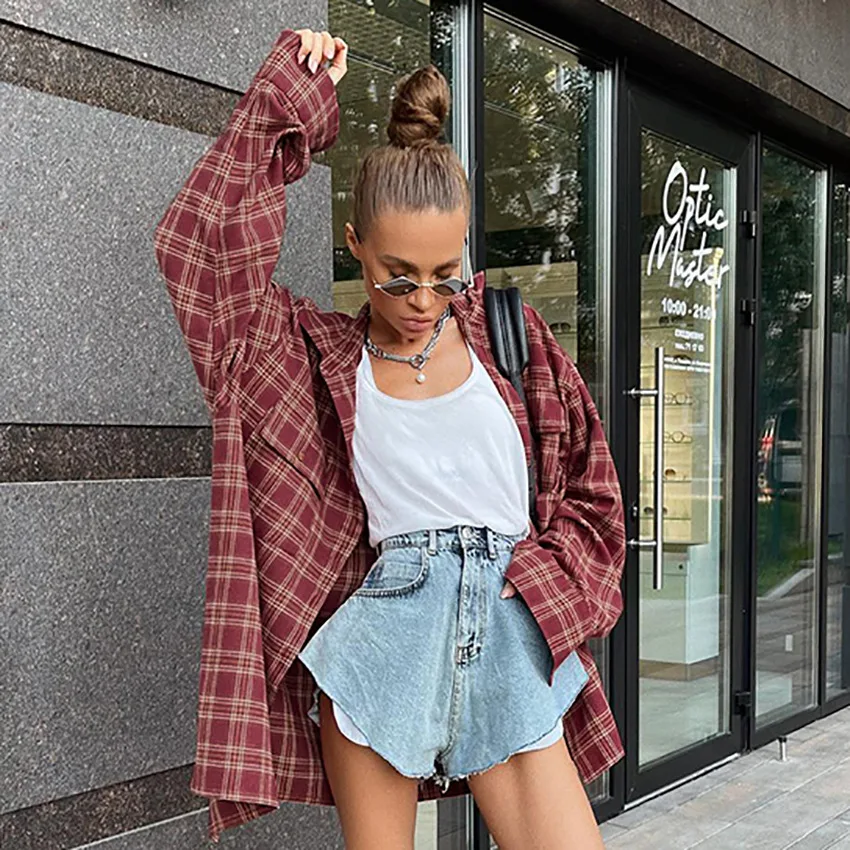 

2024 Autumn New American Red Scottish Plaid Ancient Women's Casual Loose Long Sleeved Shirt