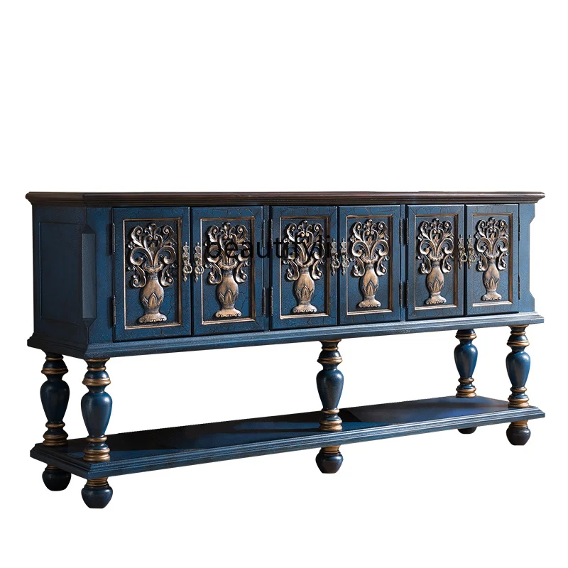 

American Style Sideboard Cabinet Solid Wood Living Room Retro Multi-Functional Mediterranean Dining Table Storage Cabinet