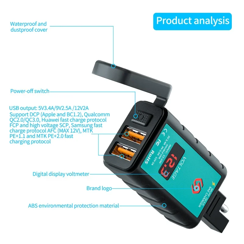 오토바이 고속 충전 듀얼 USB 포트 휴대폰 충전기, SAE to USB C타입 어댑터, 전압계 ON/OFF 방수 분리 플러그, 3.4A