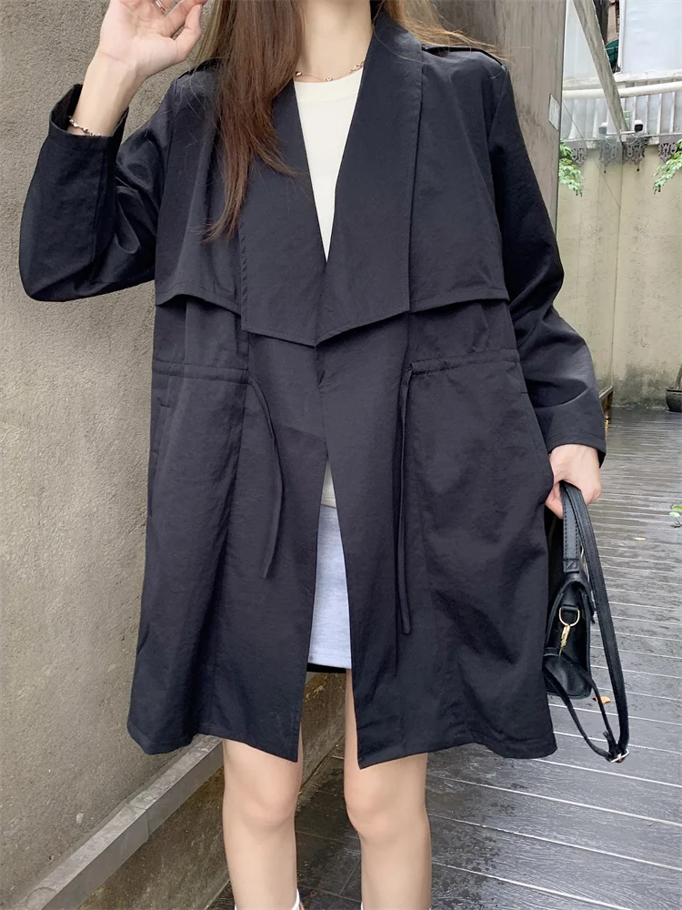 Plus Size Women's Trench Coat 2026 Spring Autumn Elegant Korean Version Drawstring Casual Windbreaker Jacket Versatile Coat