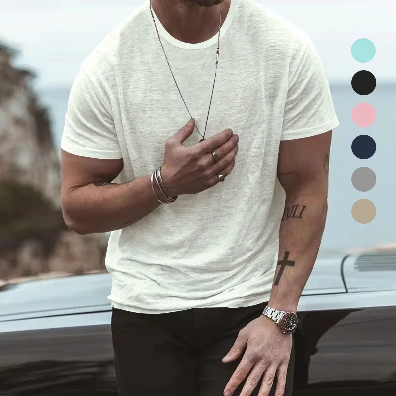 

2023 Summer New Pure Color Short Sleeve Men's Moisture Wicking Breathable European Size Casual Men's Trendy Round Neck T-shirt