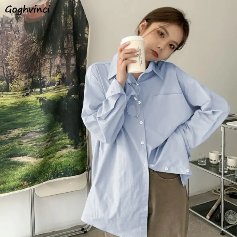 

Shirts Women Solid Simple Loose Pocket Long Sleeve Clothing Korean Style Casual All-match Hong Kong Commuting Outerwear Chic Ins