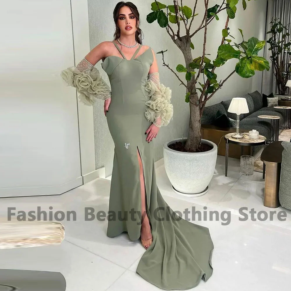 

Exquisite Mermaid Party Dress Long Sleeve Ruffled High Split Jersey Elastic V-Neck Backless Court Train فساتين سهره فاخره 2023
