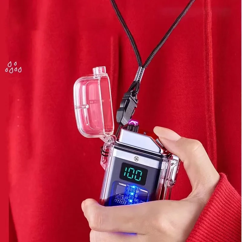 뜨거운 투명 메크 펄스 듀얼 아크 플라즈마 라이터, 야외 방풍 방수 USB 충전식 LED 디스플레이 전원 라이터 선물