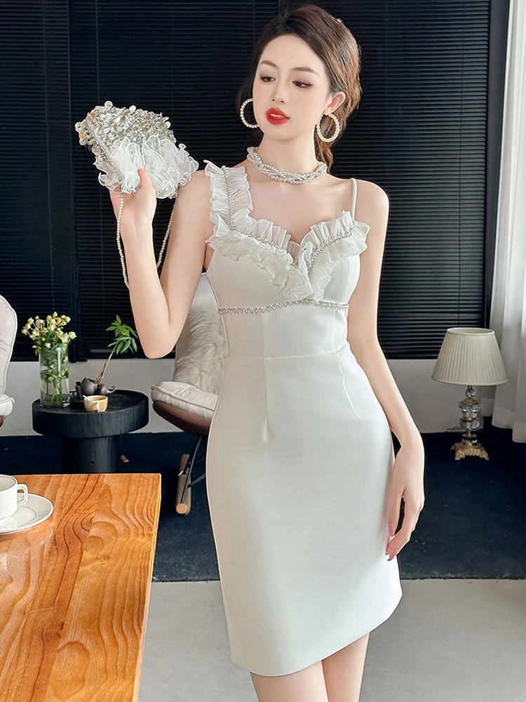 

Exquisite Elegant White Dress Women Celebrity Sexy Design Ruffles Embroidered Flares Strap Bodycon Mini Gown Party Club Vestidos