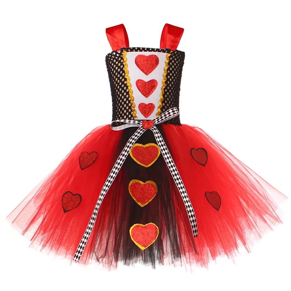Girls Queen of Hearts Costume Kids Halloween Dress up Fancy Tutu Dress with Crown Classic Wonderland Red Queen Gown Clothes