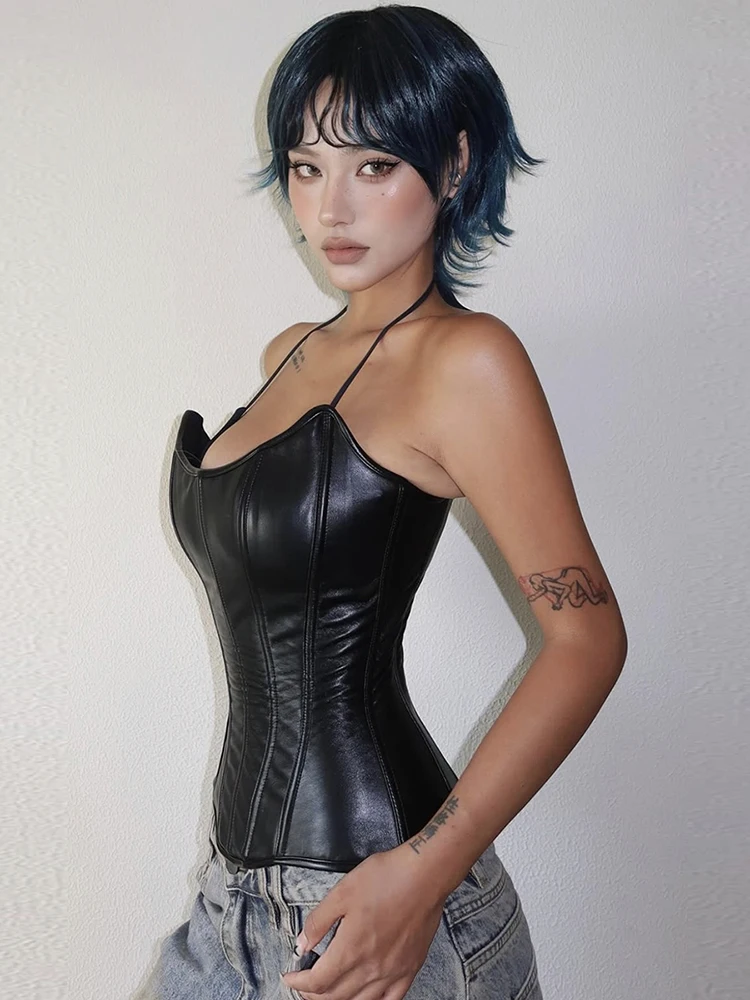 Nibber Irregular Hem Tank Top Women Sexy Faux Leather Fashion Casual Sleeveless Patchwork Coquette Midnight Party Club Vests