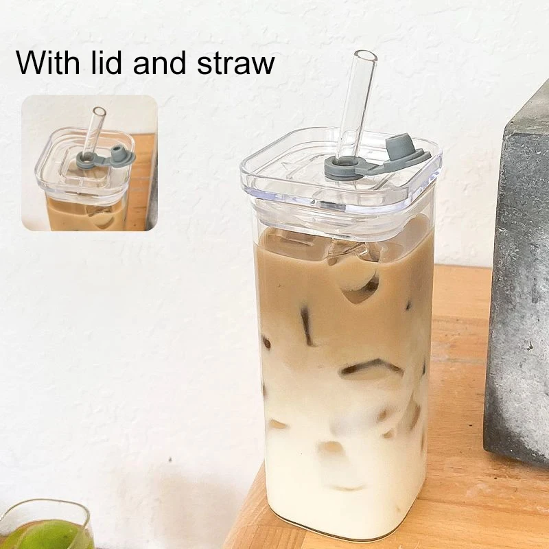 Heat-resistant square glass mug with lid and straw, 1/2/4/6 pcs.