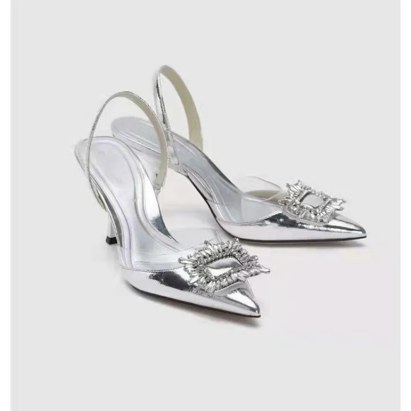 Designer Silver High Heels Sandals Women Summer Crystal Square Buckle Sandals Woman Pointed Toe Slingbacks Party Shoe