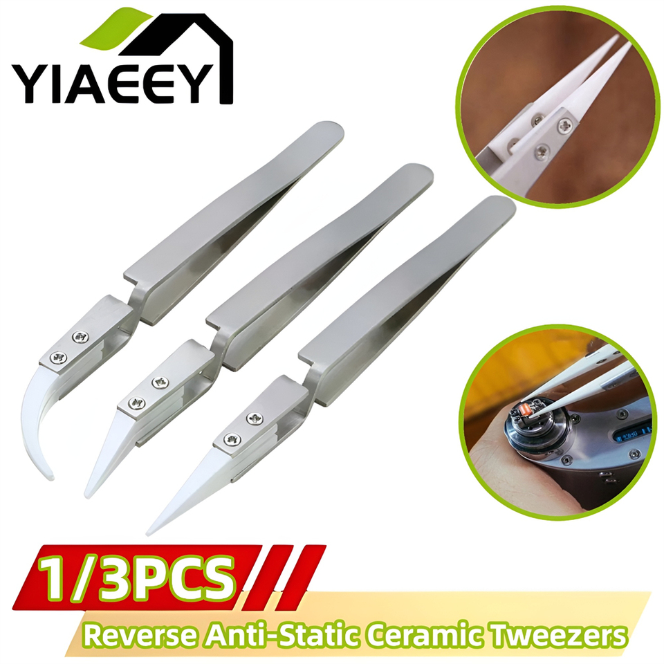 1/3Pcs Non-Conductive Precision Ceramic Reverse Solder Tweezers Anti-Magnetic Pointed and Curved Tips Tweezers Ceramic Tweezers