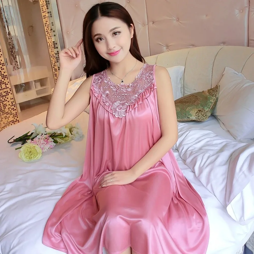 Women Nightgown Lace Ice Silk Medium Length Sleeveless Tank Top Sexy Sleeping Dress Can Be Worn Externally