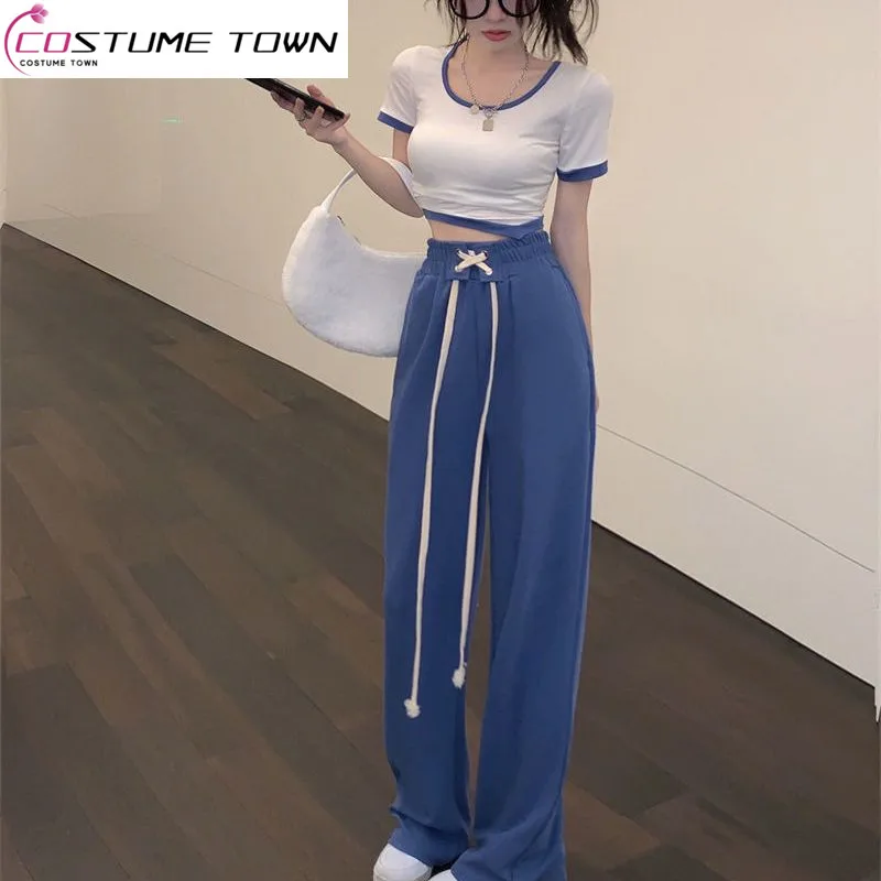 

2023 Summer New High Waist Lace Up Casual Pants Women's Summer Loose Thin Wide Leg Pants Sports Set Pant Trend