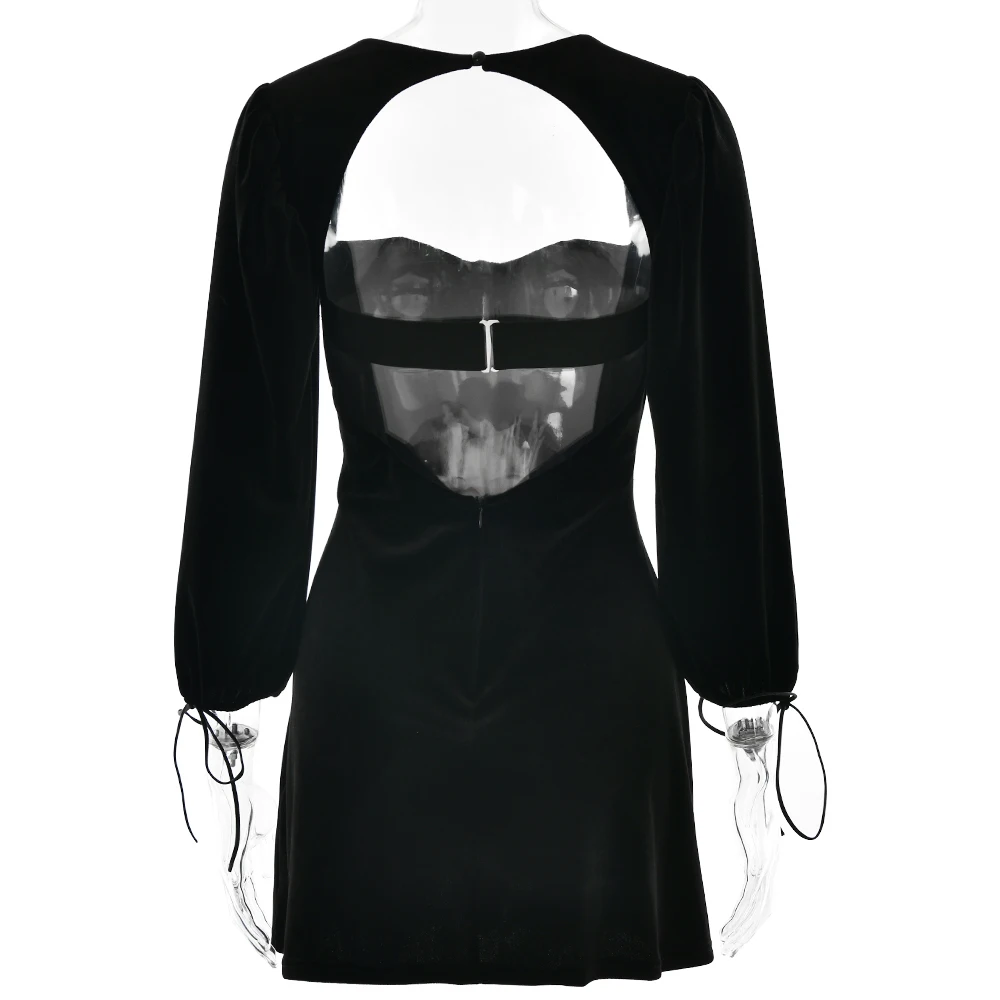 Elegant Long Sleeved Velvet Hollow Out Dress Women Sexy Backless Party Evening Dress Autumn/Winter 2025 New Slim Vestido