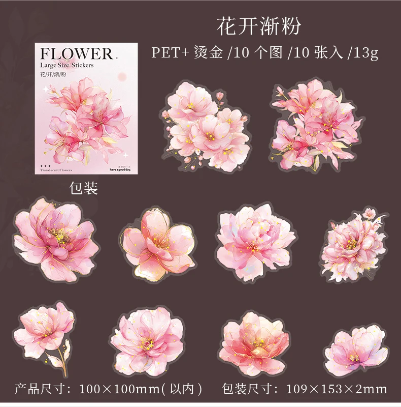 10 Stück PET Bronzing Flower Aufkleber Transparente dekorative Aufkleber für Scrapbooking Sticker Pack Etiketten Junk Journal Supplies – Detail 13