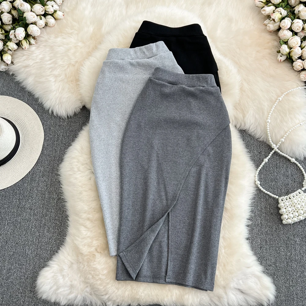 

Women Chic Pleated Split Sexy Skirt Elastic High Waist Korean Fashion Party Vintage Lady Pencil Skirt Spring Summer Clothing