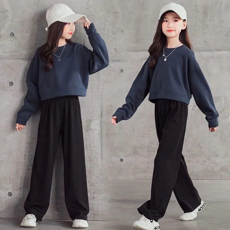

2023 Spring Autumn Girls Loose Workout Sweatshirt+Drawstring Sweatpant Set School Kids Tracksuit Child Jogger Outfit 5-16Yrs