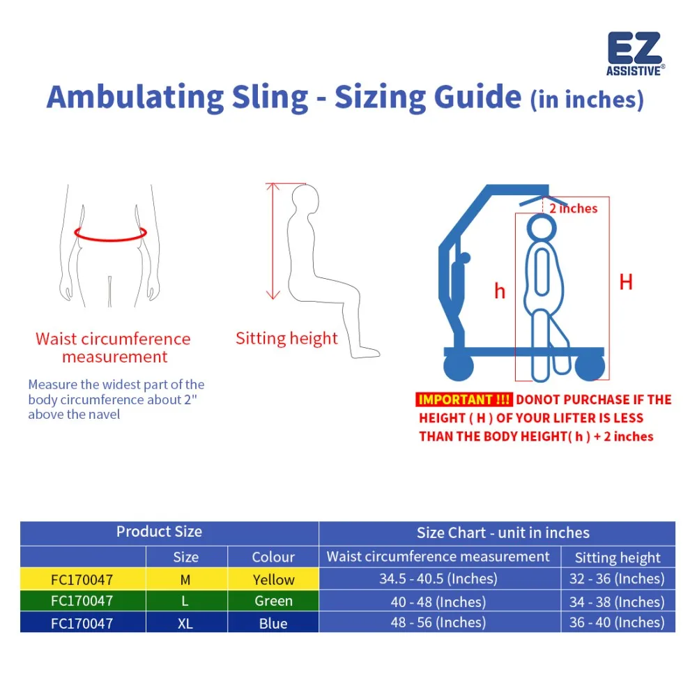 EZ Assistive Comfort Patient Lift Walking Sling Safety Waist Belt Adjustable Hoyer Hoist Sling for Disabled SWL 500lbs