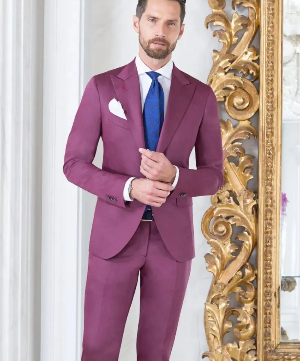 

Dark Red Mens Suit Slim Fit Two Pieces Groomsmen Wedding Tuxedos For Men Blazers One Button Peaked Neck Prom Suit (Jacket+Pants)