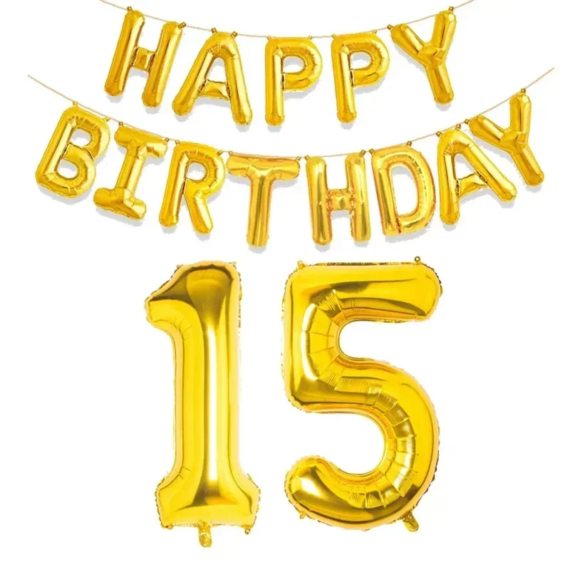 15 Stück Goldfolienballons „Happy Birthday“ und Zahlen für alle Altersgruppen von 10–60 Jahren, Party-Dekoration für Kinder und Erwachsene, versandfertig – Detail 8