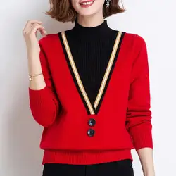 Elegant Half High Collar Button Spliced Fake Two Pieces Sweaters Women's Clothing 2022 Autumn New Casual Pullovers Korean Tops