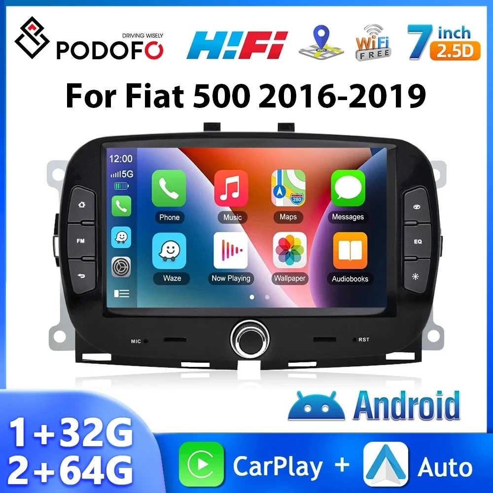 

Автомагнитола Podofo для Fiat 500 2016-2019, 7 дюймов, Android, 2 + 64 ГБ