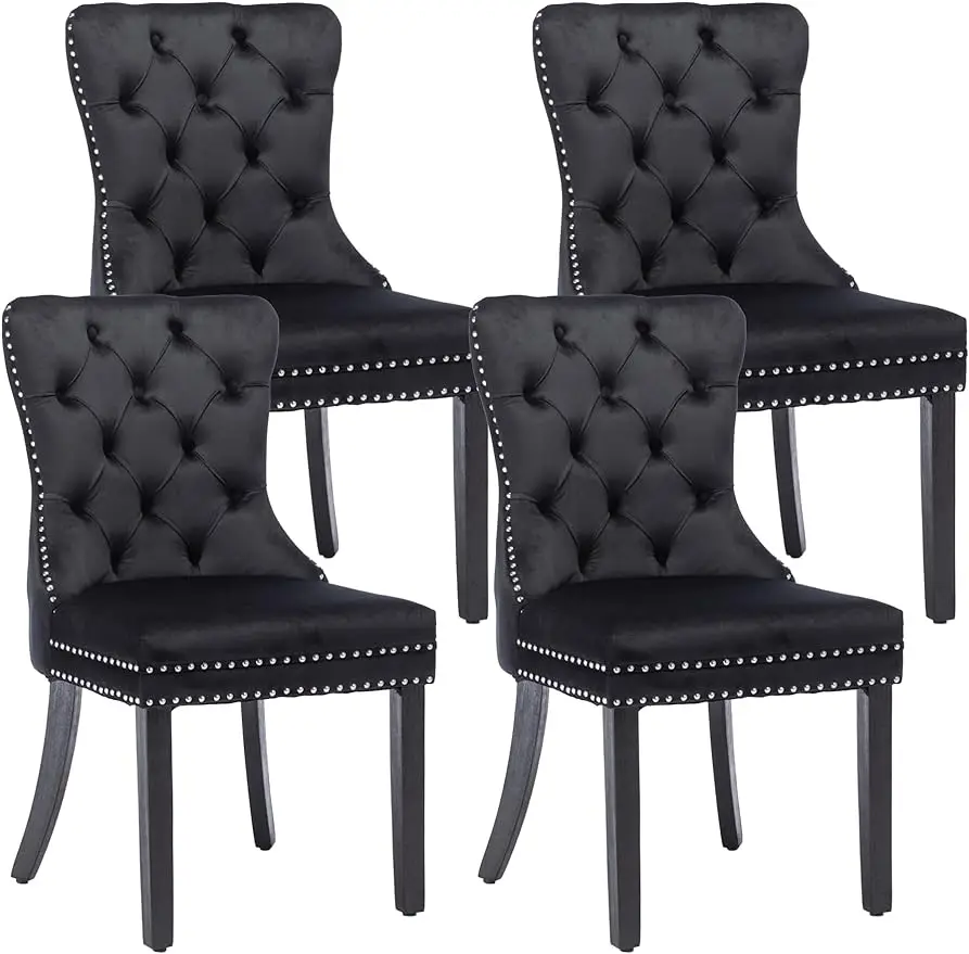 

Velvet Dining Chairs Set of 4, Upholstered High-end Tufted Dining Room Chair with Nailhead Back Ring Pull Trim Solid Wood Legs