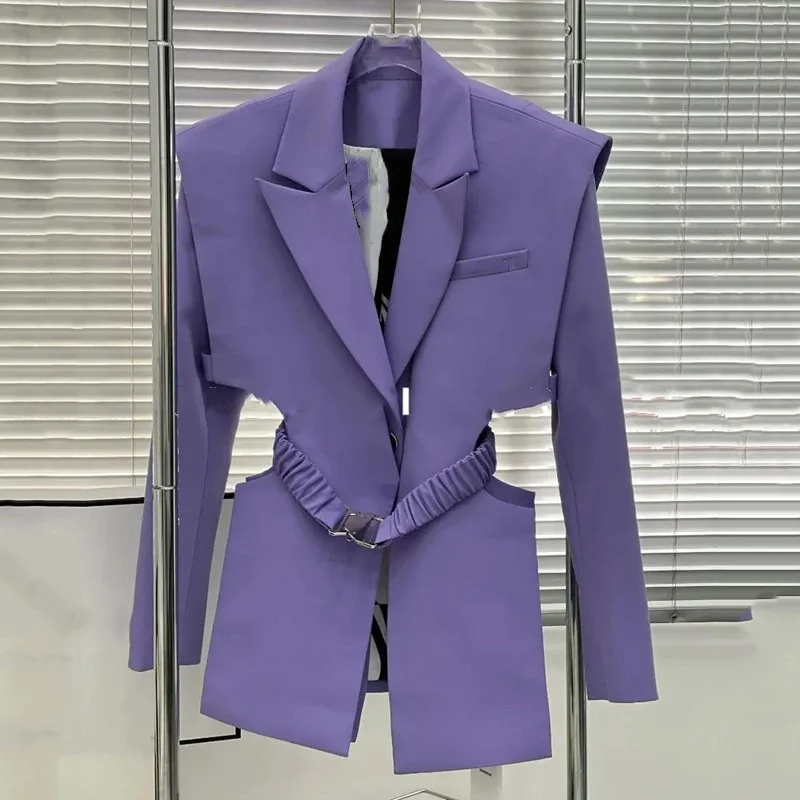 

Fashion 2023 Spring Autumn Blazer Coat Elastic Waist Hollow Women Lapel Pocket Notched High Street Style Lady Cloth 15G0624