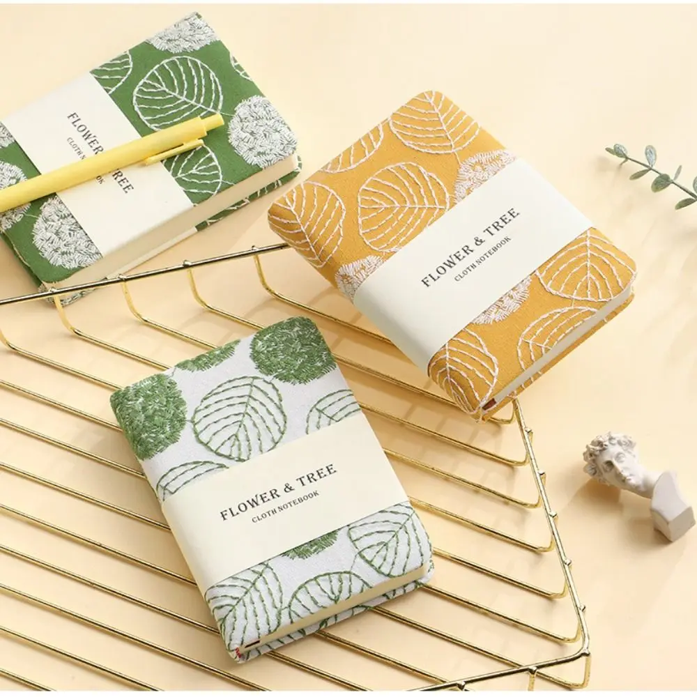 

Fabric Cover Leaf Hand Ledger Durable Morandi Compact Embroidered Notebook Cotton Cloth Binding Stylish Pocket Book School