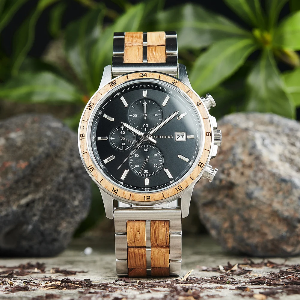 BOBO BIRD Men's Wooden Watch Japanese Movement New Top Fashion Quartz Wristwatch Chronograph Military Timepieces Custom Gift Box