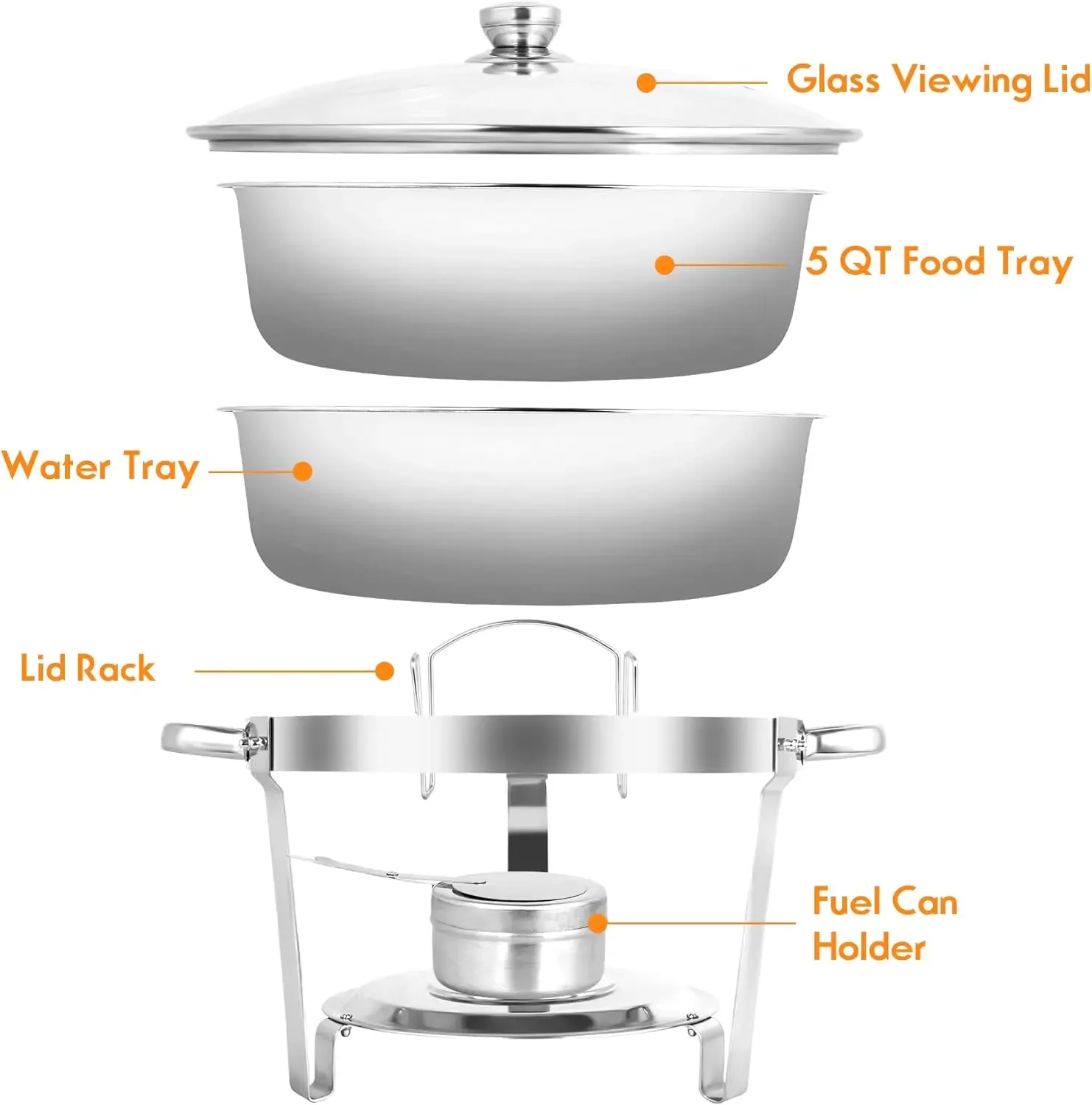 Dervipas Upgraded 4 Pack 5QT Chafing Dish Buffet Set, Stainless Steel Round Chafers for Catering with Glass Viewing Lid & Lid Ho