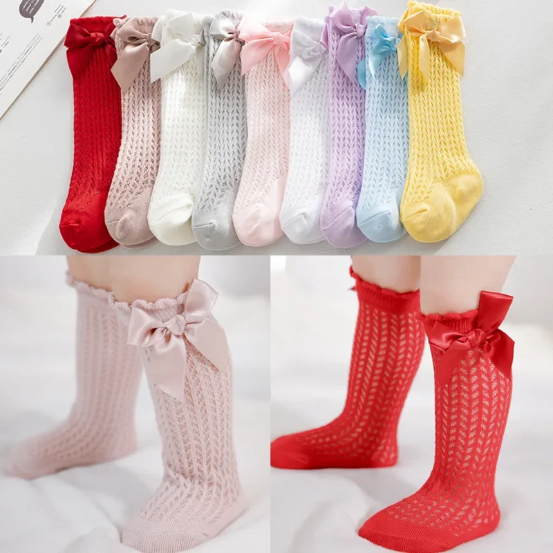 Spring Summer Solid Color Baby Knee High Long Socks Breathable Mesh Bow Stockings Newborn Infant Toddler Cotton Princess Socks