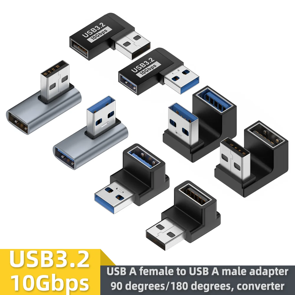 USB A 암-USB A 수 어댑터 90도/180도 변환기 10Gbps 전송, 노트북 USB 포트 장치에 적합