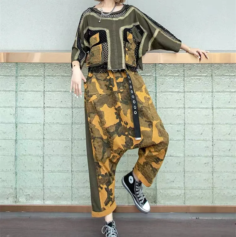 

Camouflage Cowboy Cross-pants Mesh Stitching T-shirt Set Women 2023 Summer Trendy Cool Personality Fashion Thin Loose Clothing